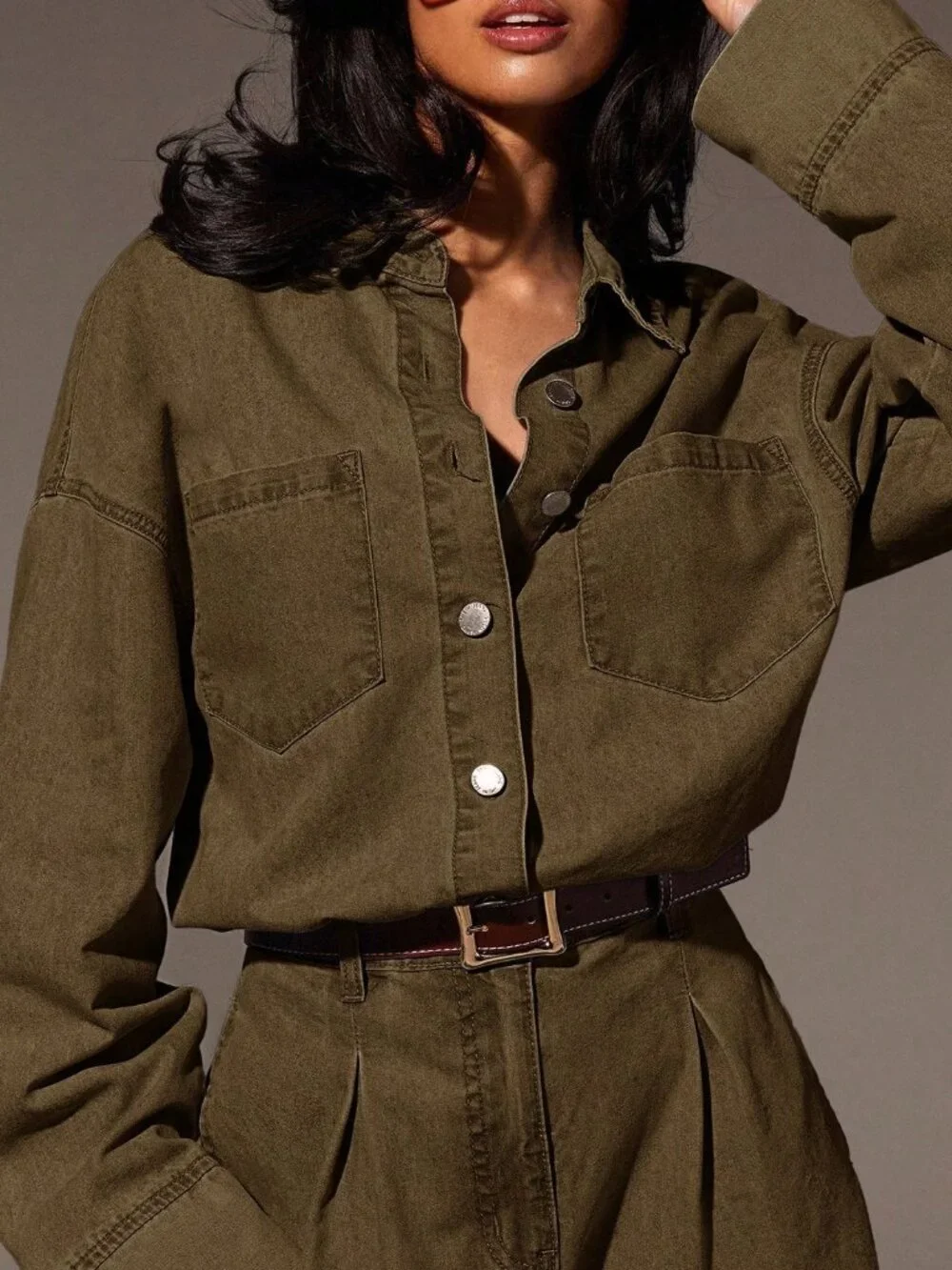 Coffee Brown Casual Women's Denim Loose Button Front Drop Shoulder Jumpsuit